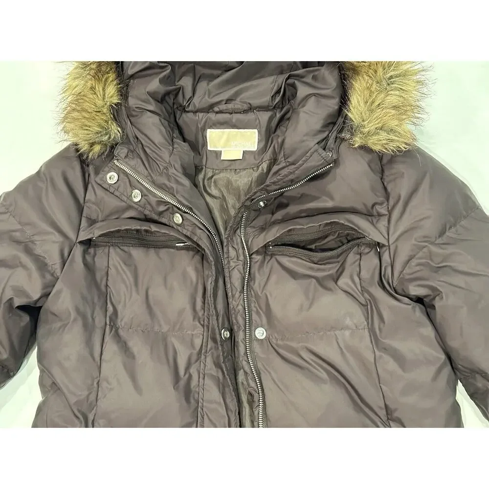 Michael Kors Women’s M Down Puffer Parka Winter Coat Hood With Fur Trim Brown - Picture 11 of 16